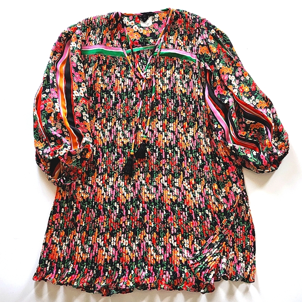 Diane Freis Vintage 80s 90s Boho Pleat Tunic Minidress Coverup Tassel Side slits